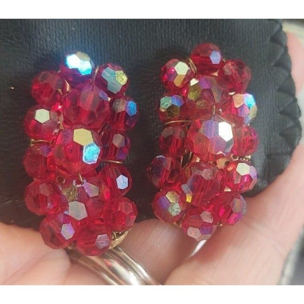 AB red glass climber clip earrings vintage some wear